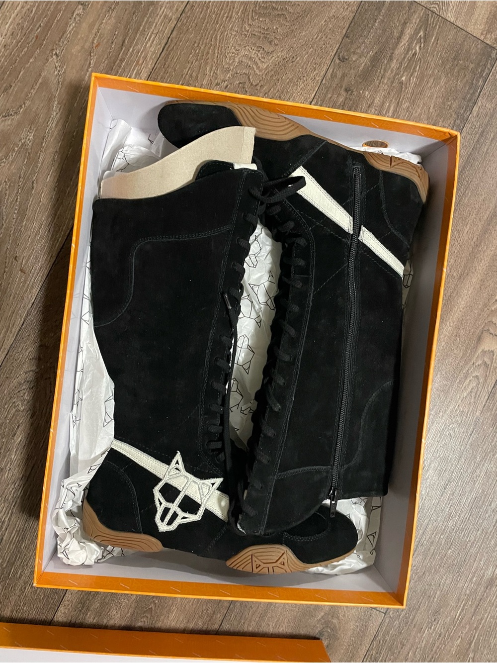 Naked Wolfe Black Suede Combat/Moto Boots with White Accents